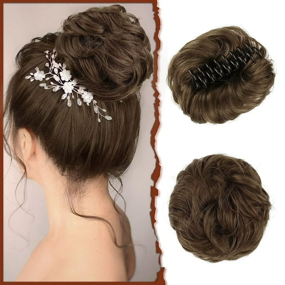DOPI Claw Clip Messy Bun Hair Piece Wavy Curly Hair Bun Clip in Claw Chignon Ponytail Hairpieces Synthetic Tousled Updo Hair Extensions Scrunchie Hairpiece for Women, Gray and White Tips