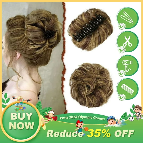 DOPI Claw Clip Messy Bun Hair Piece Wavy Curly Hair Bun Clip in Claw Chignon Ponytail Hairpieces Synthetic Tousled Updo Hair Extensions Scrunchie Hairpiece for Women, Gray and White Tips