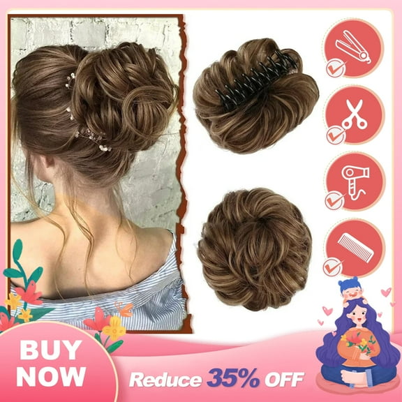 DOPI Claw Clip Messy Bun Hair Piece Wavy Curly Hair Bun Clip in Claw Chignon Ponytail Hairpieces Synthetic Tousled Updo Hair Extensions Scrunchie Hairpiece for Women, Gray and White Tips
