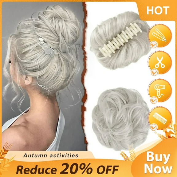 DOPI Claw Clip Messy Bun Hair Piece Wavy Curly Hair Bun Clip in Claw Chignon Ponytail Hairpieces Synthetic Tousled Updo Hair Extensions Scrunchie Hairpiece for Women, Gray and White Tips