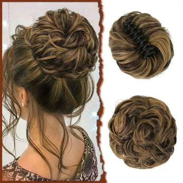 DOPI Claw Clip Messy Bun Hair Piece Wavy Curly Hair Bun Clip in Claw Chignon Ponytail Hairpieces Synthetic Tousled Updo Hair Extensions Scrunchie Hairpiece for Women, Gray and White Tips