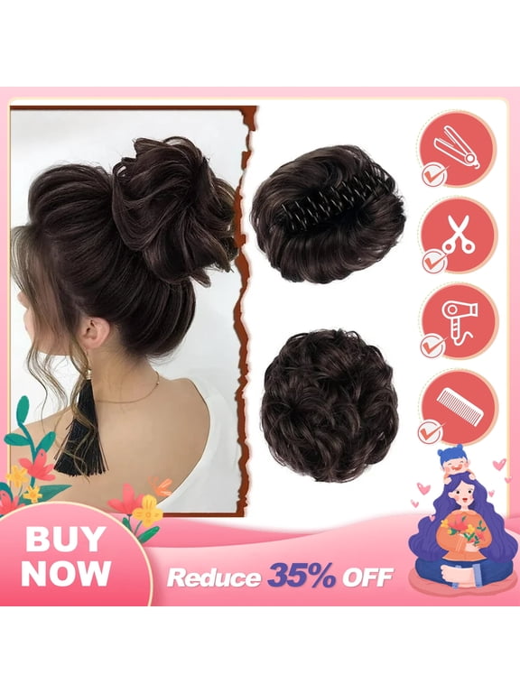 Claw Clip Messy Bun Hair Piece Wavy Curly Hair Bun Clip in Claw Chignon Ponytail Hairpieces Synthetic Tousled Updo Hair Extensions Scrunchie Hairpiece for Women, Gray and White Tips