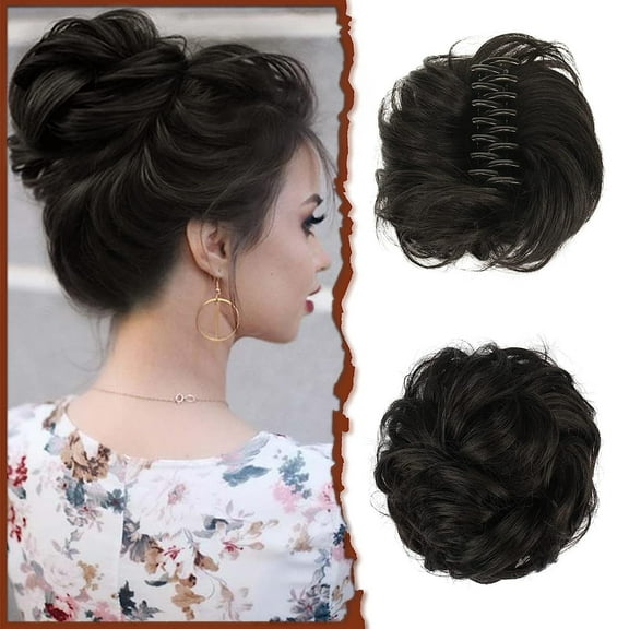DOPI Claw Clip Messy Bun Hair Piece Wavy Curly Hair Bun Clip in Claw Chignon Ponytail Hairpieces Synthetic Tousled Updo Hair Extensions Scrunchie Hairpiece for Women, Gray and White Tips