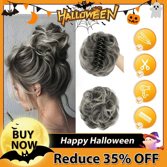 DOPI Claw Clip Messy Bun Hair Piece Wavy Curly Hair Bun Clip in Claw Chignon Ponytail Hairpieces Synthetic Tousled Updo Hair Extensions Scrunchie Hairpiece for Women, Gray and White Tips