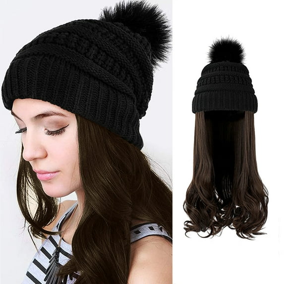 DOPI Fashion Long Curly Hair Hat Wig One Knit Hat Wool Curl Corn Perm Curl