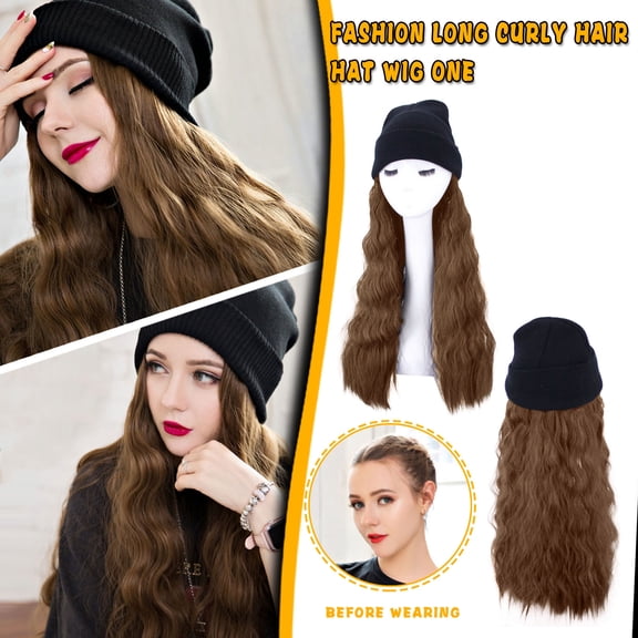 DOPI Fashion Long Curly Hair Hat Wig One Knit Hat Wool Curl Corn Perm Curl
