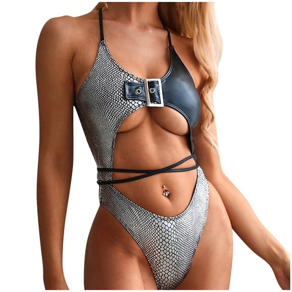 DOPI Fashion Women Sexy Bikini Sexy Patent Leather Stitched Swimsuit Bikini
