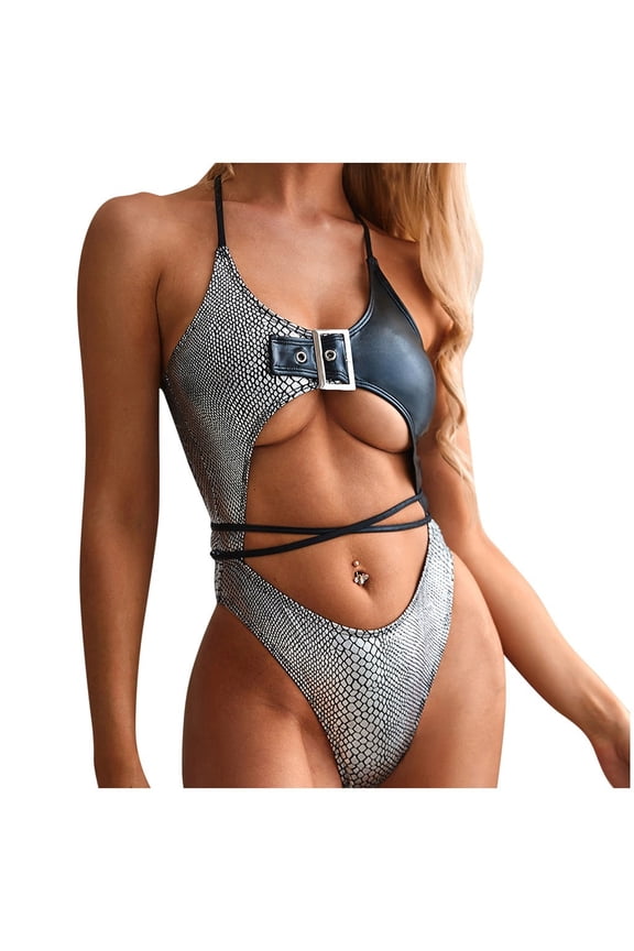 Fashion Women Sexy Bikini Sexy Patent Leather Stitched Swimsuit Bikini