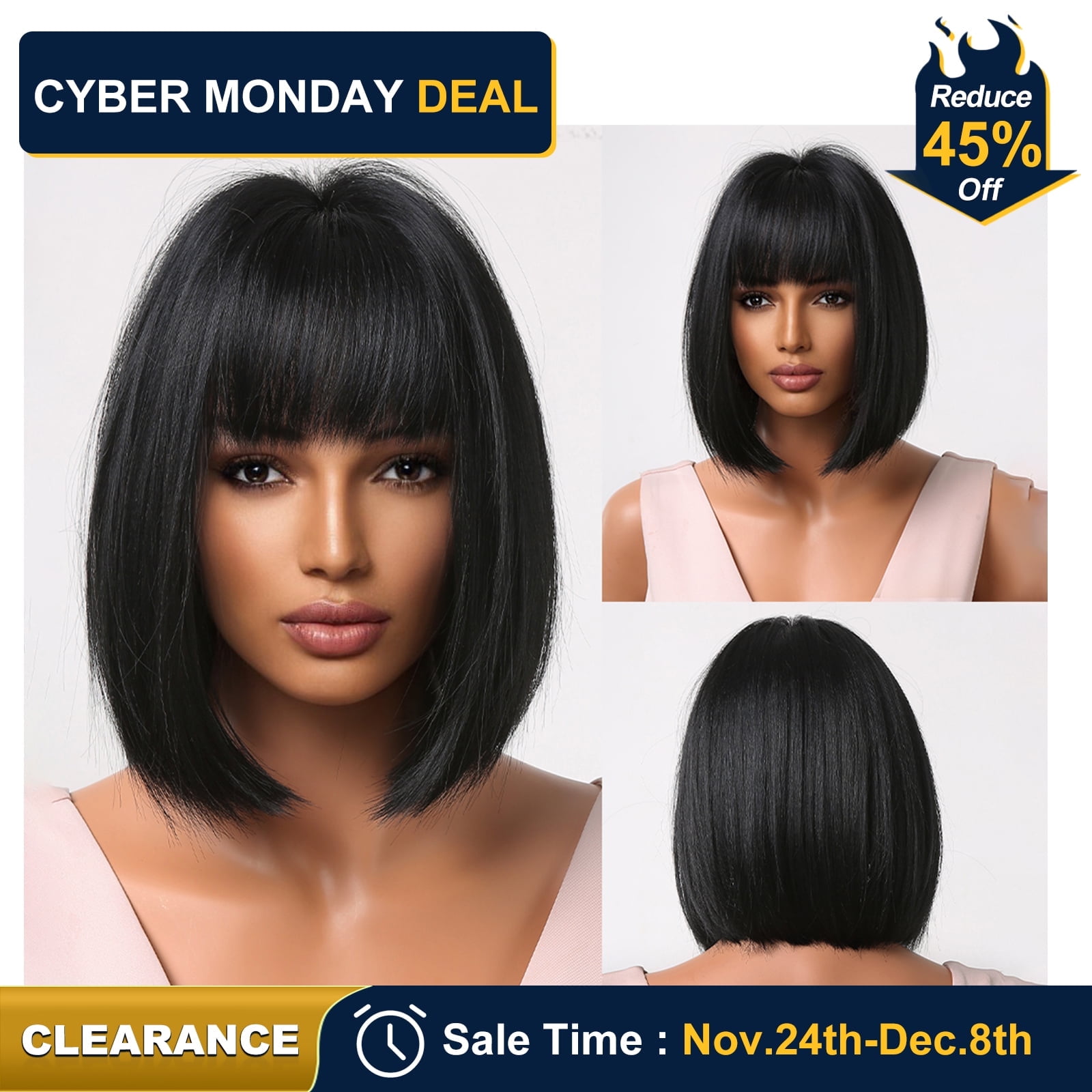 DOPI Fashion Women Short Straight Black Wig with Bangs, 12 Inches（Synthetic Wig）