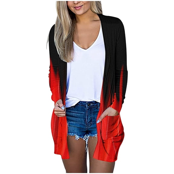 DOPI Fashion Women's Casual Loose Button Printed Long Sleeve Pocket Long Cardigan