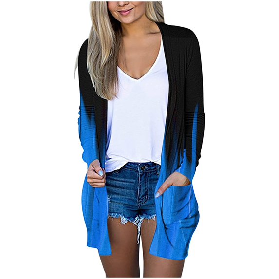 DOPI Fashion Women's Casual Loose Button Printed Long Sleeve Pocket Long Cardigan