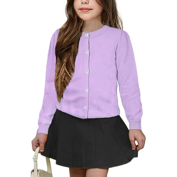 DOPI Girls' Round Neck Cardigan Knitted Sweater With Detachable Buttons, Cotton Long Sleeved Uniform Sweater, Suitable For Girls Aged 5-14