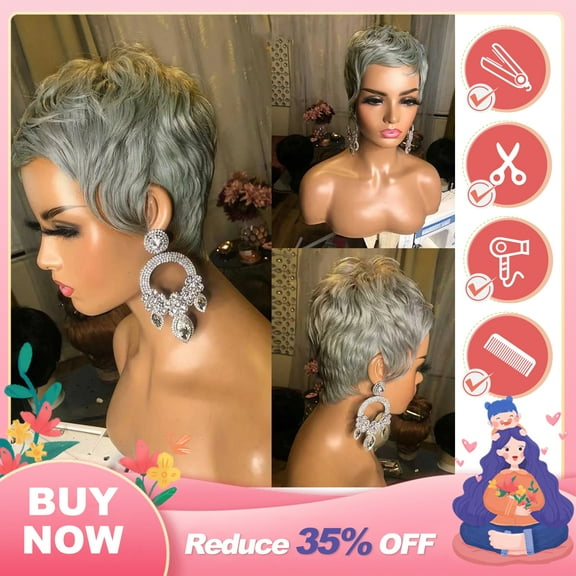DOPI Grey Short Pixie Cut Bob - Hair Wigs For Women and Girls, Wavy Wigs, Glueless