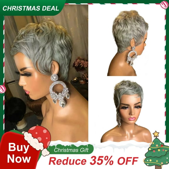 DOPI Grey Short Pixie Cut Bob - Hair Wigs For Women and Girls, Wavy Wigs, Glueless