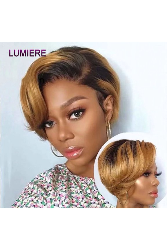 Hair 1b/27 ombre Short Pixie Cut Bob Wig Straight Human Hair 13x4x1 HD Lace Front Wigs Caps