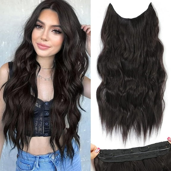 DOPI Hair Extensions 20 Inch Invisible Wire Medium Brown Hair Extensions Adjustable Long Wavy Hair Extensions Synthetic Upgrade 4 Secure Clips in Hairpieces