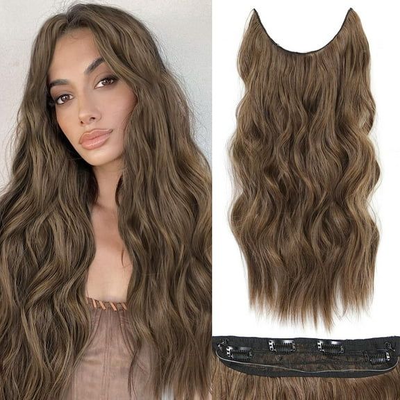 DOPI Hair Extensions 20 Inch Invisible Wire Medium Brown Hair Extensions Adjustable Long Wavy Hair Extensions Synthetic Upgrade 4 Secure Clips in Hairpieces