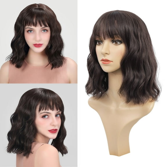 DOPI Hair Synthetic Curly Bob Wig with Bangs Short Wavy Hair for Women Bob Style Heat Resistant Colored Wigs