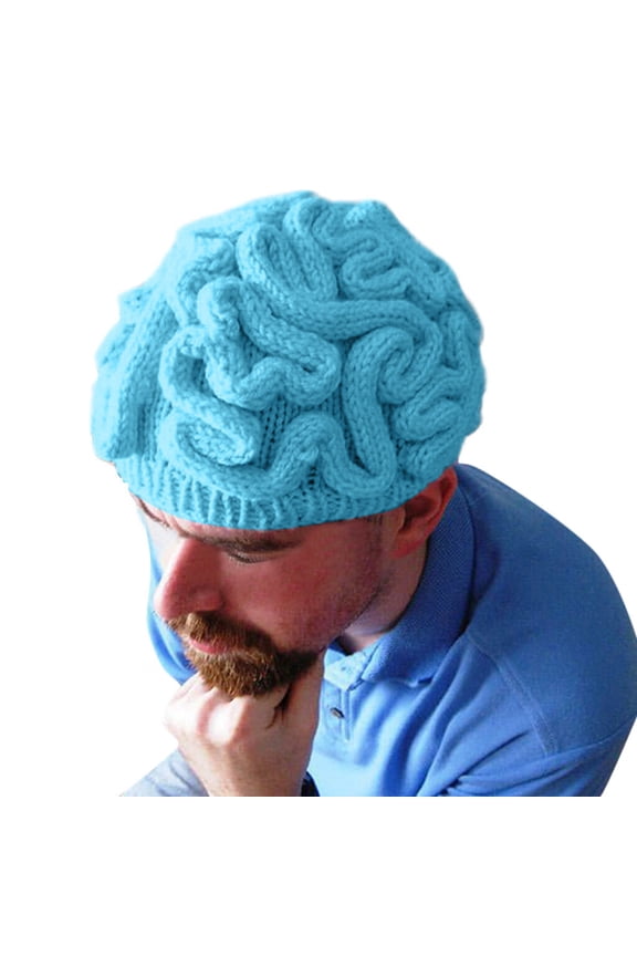 Hand Knitted Personality Brain Hat Kids Adults Crochet Beanie Cool Cerebrum Cap Blue One size