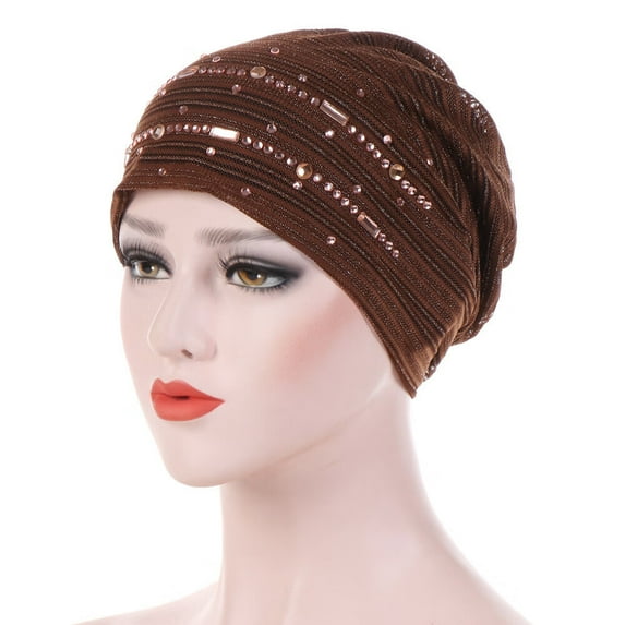 DOPI Hat Turban Muslim Wrap Cancer Ruffle Cap Women Rhinestone Baseball Caps CoffeeOne size