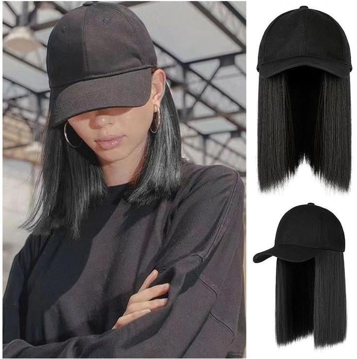 DOPI Human Hair Wigs For Women Black Color Natural Hair Baseball Cap Hair Straight Hair Hairstyle Adjustable Wig Hat