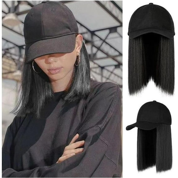 DOPI Human Hair Wigs For Women Black Color Natural Hair Baseball Cap Hair Straight Hair Hairstyle Adjustable Wig Hat