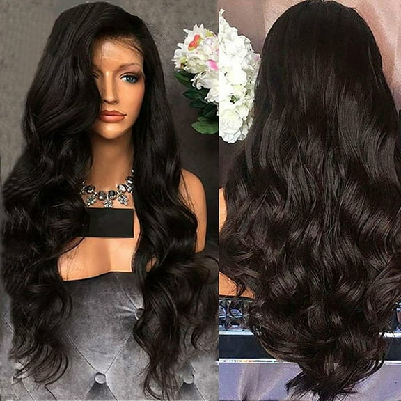 DOPI Human Hair Wigs For Women Black Color Natural Lace Hair Long Curly Black Wig, Centre Parting, Womens Wigs,Natural Syn(2Pack)