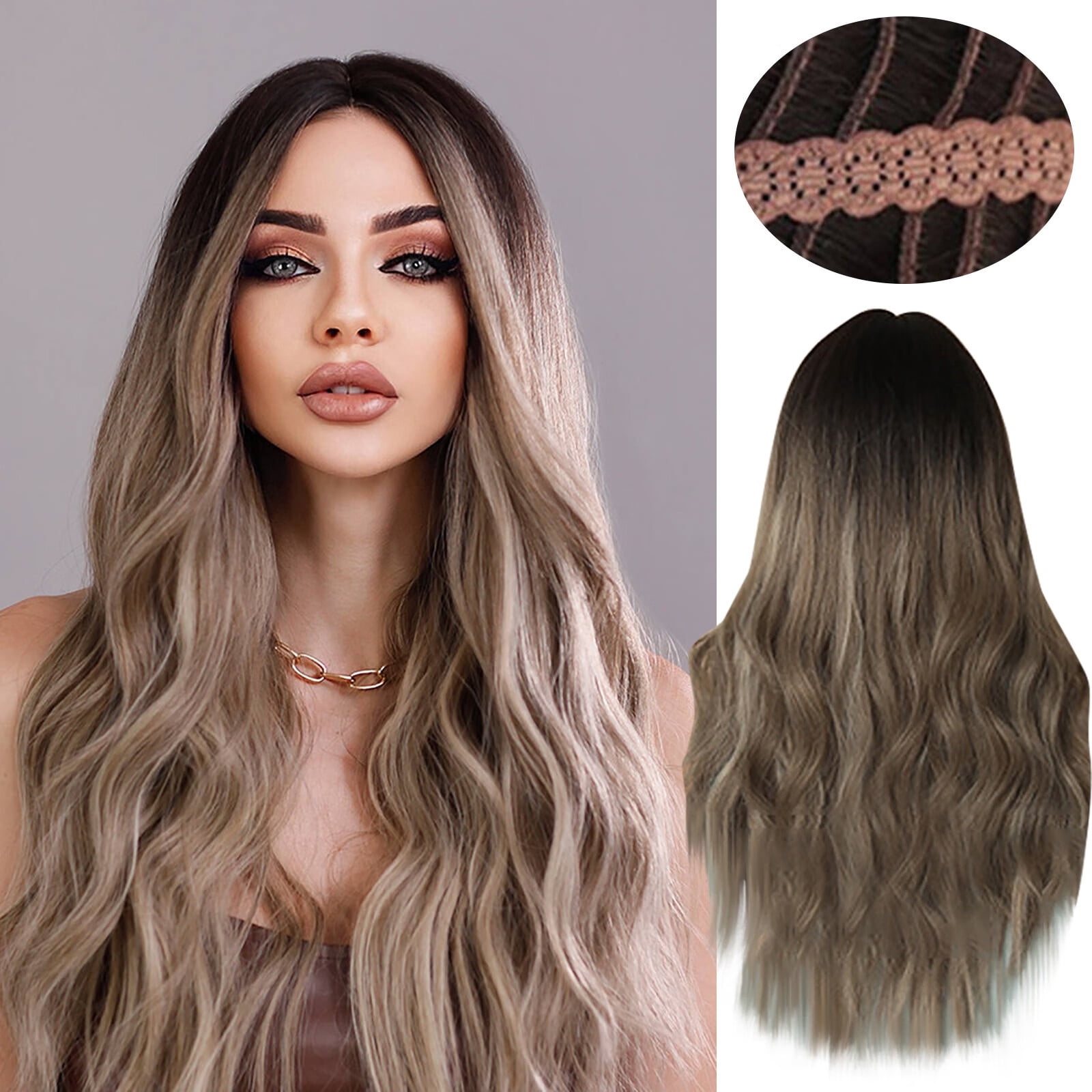 DOPI Human Hair Wigs For Women No Bangs Wig Women's Medium Long Curly Hair Gray Gold Mixed Color Highlight Dyed Fiber Whole Top Hair Set