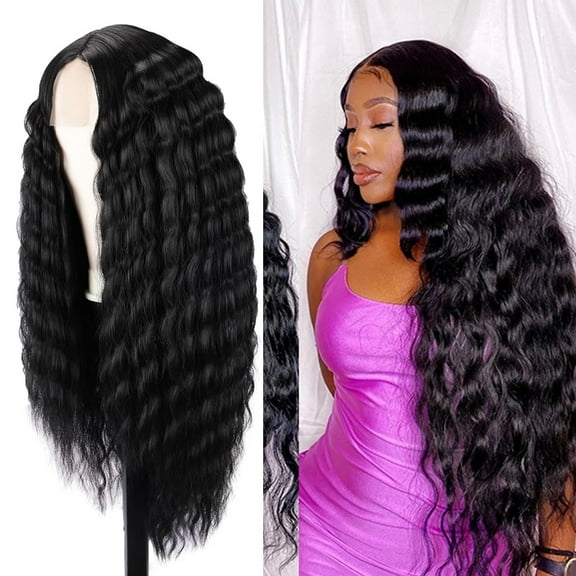 DOPI Human Hair Wigs For Women Long Deep Wave Black Wig Synthetic Curly Wig For Women 30 Inch Long Black Wave Wig Middle Part Fake Scalp Lace Wigs Natural Crimps Curls
