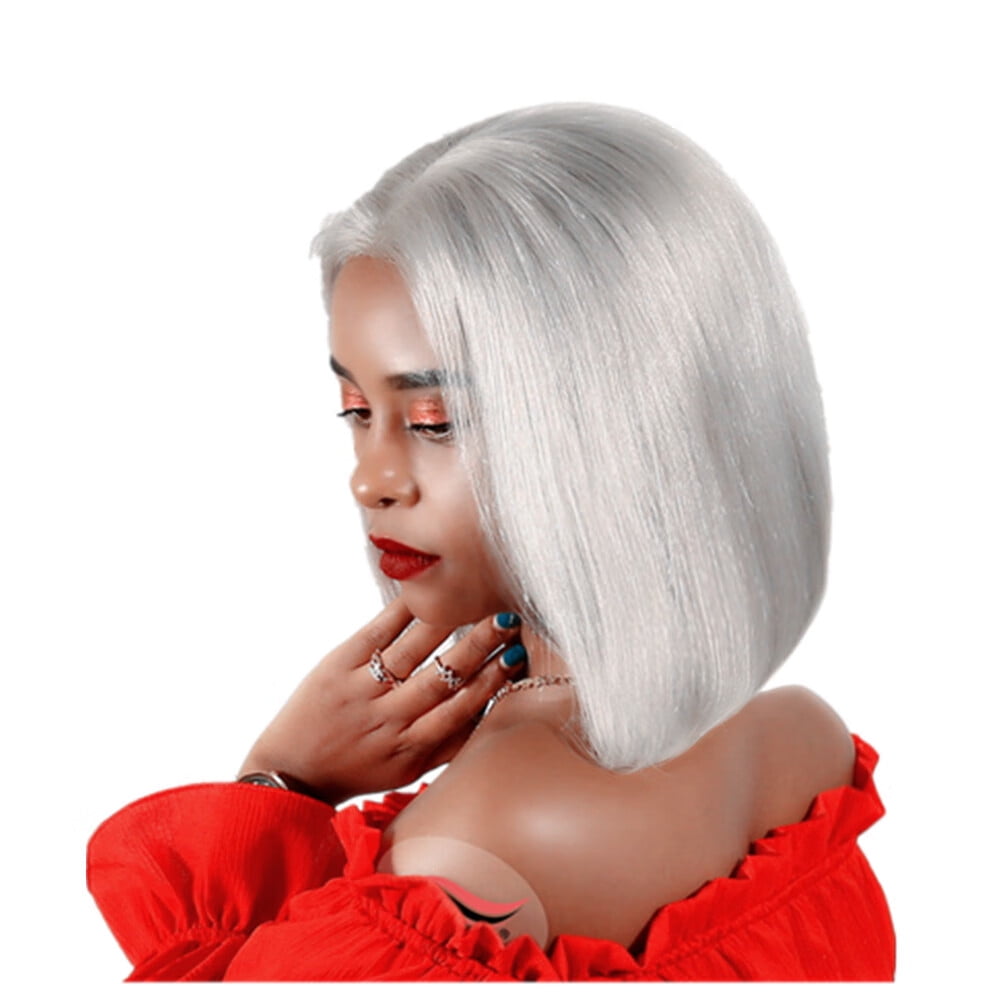DOPI Lace Front Human Hair Bob Wigs T Part Short Straight With Baby Hair 180% Density 13x4x1 Lace Frontal Glueless Gray Straight Wig for Black Women Pre Plucked(8 inches)