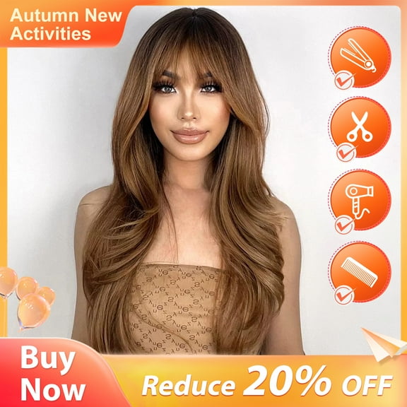 DOPI Light Brown Wigs for Women Brown Wig with Bangs 24‘’Ombre Brown Wig with Dark Roots Long Layered Wig Heat Resistant Synthetic Wig Natural Looking Wigs for Daily Party Use