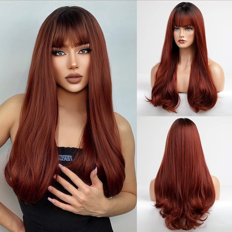 Long Auburn Wig with Bangs Layered Curly Wigs for Women Amazon.com : Esmee 26 Inches Long Dark Auburn Wig with Bangs  main image 3