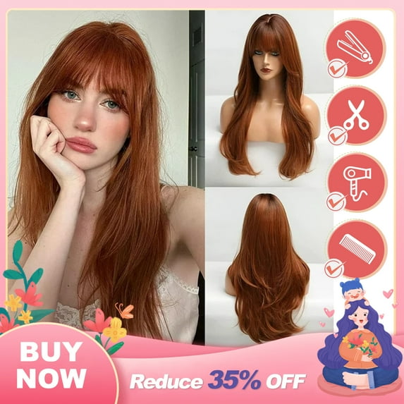 DOPI Long Auburn Wig with Bangs Layered Curly Orange Wigs for Women Natural Synthetic Wigs for Daily Use