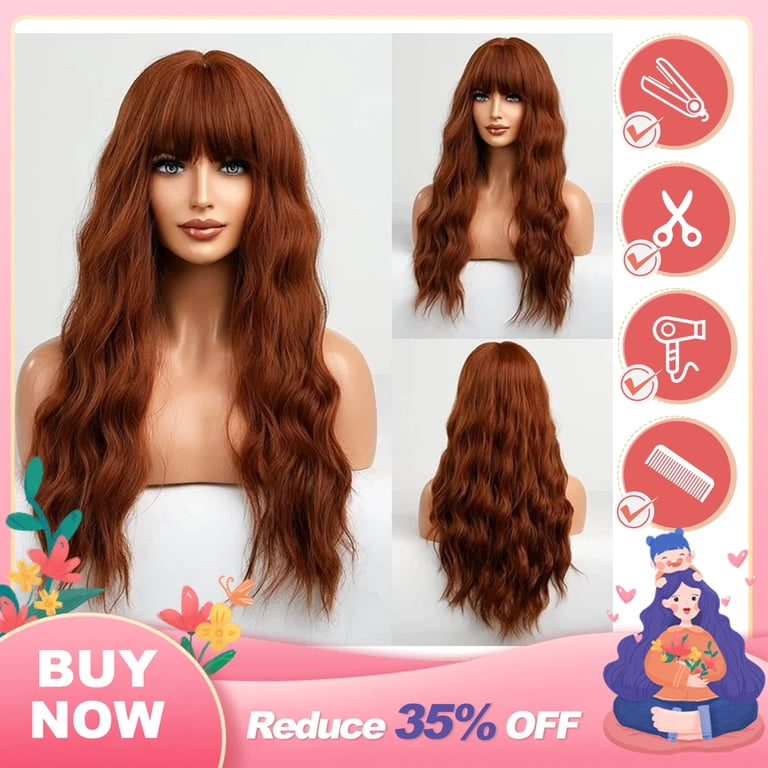 DOPI Long Auburn Wig with Bangs Layered Curly Orange Wigs 