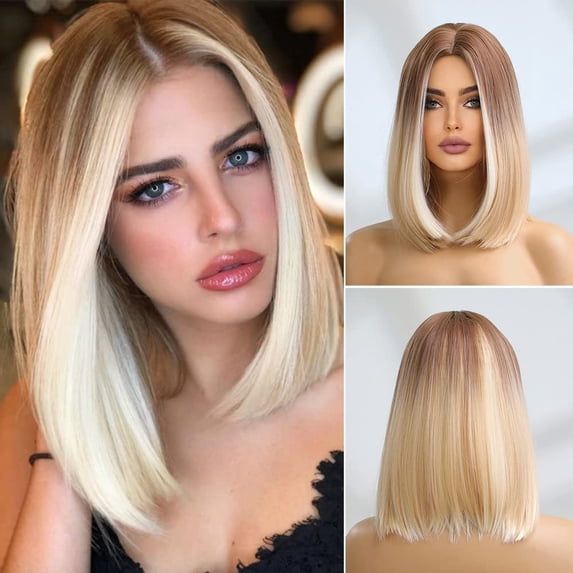 DOPI Long Straight Black Brown Wig Hair for Women Lady Girl Middle Part with Bangs Dark Black Roots 20 inches Heat Resistant Synthetic Natural Looking Wig Home Wedding Normal Daily Cosplay Part