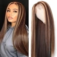 thumbnail image 1 of DOPI Long Straight Brown Mixed Blonde Synthetic Wigs for Women Middle Part Highlights, 1 of 5