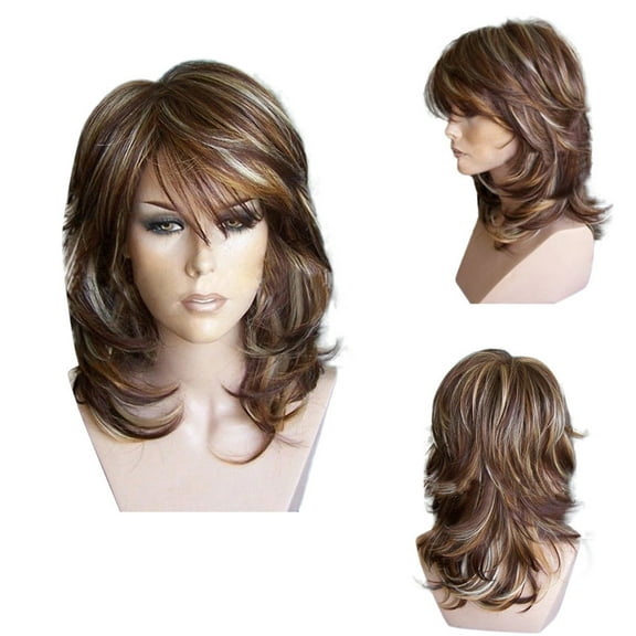 DOPI Medium Side Bang Highlighted Layered Slightly Curled Synthetic Wig
