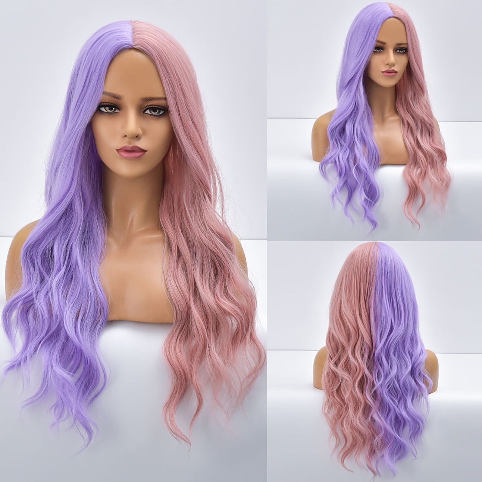 Purple pink long curly wig yv47106