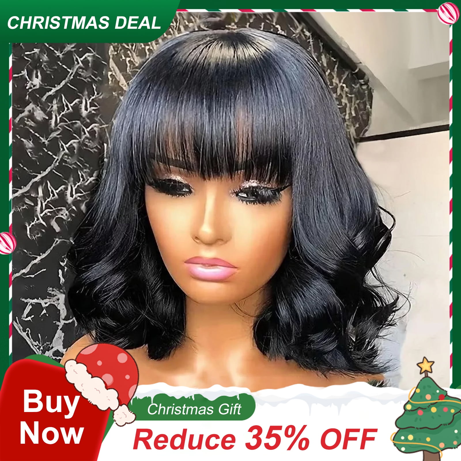 DOPI Natural Black Short Wavy Bob Human Hair Wig with Bangs(2Pack)