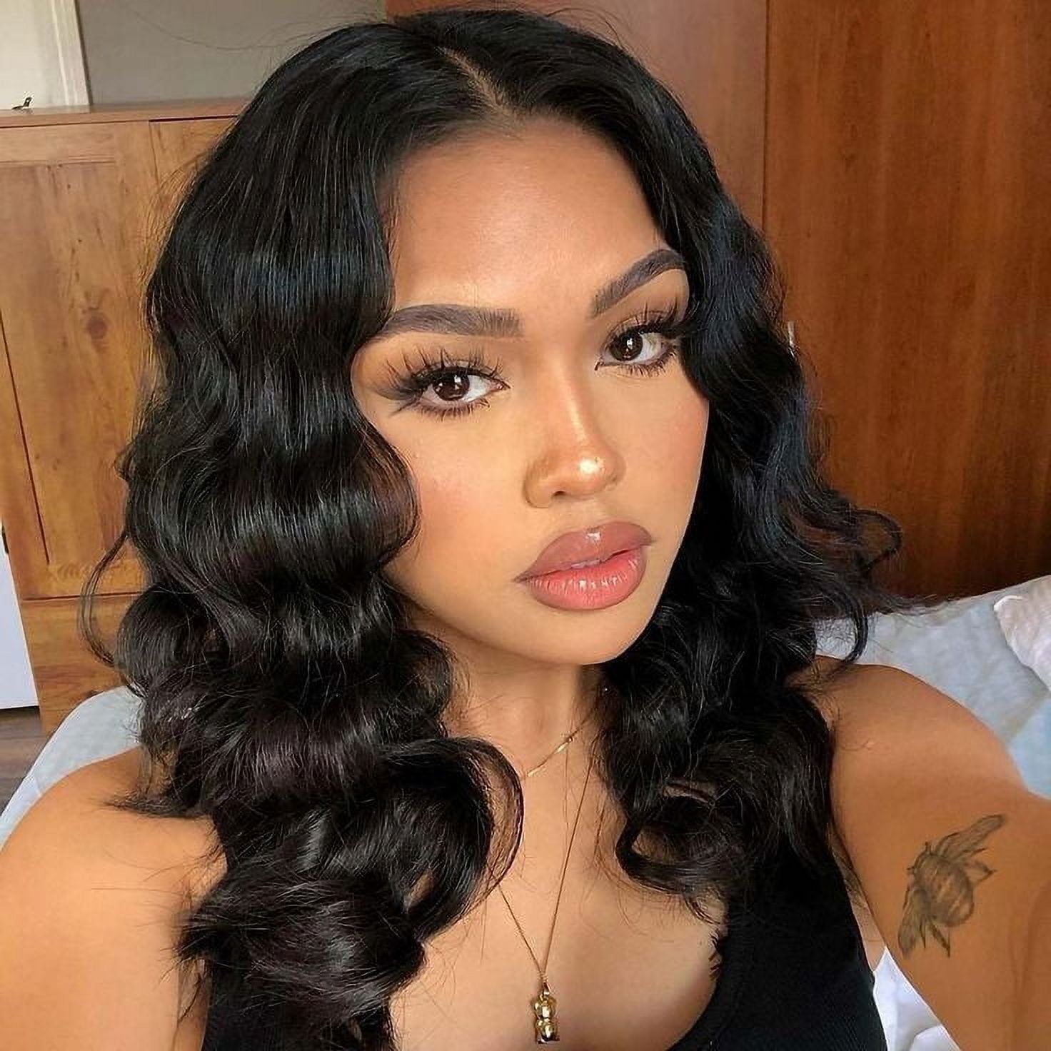 DOPI Natural Wave Brazilian Human Hair Short Curly Wavy Wigs (Black 14inch )