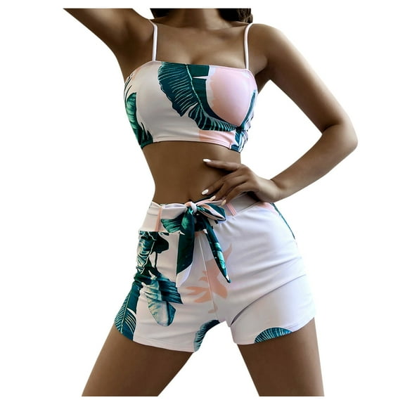 DOPI New Sexy Women Tropical Plant Print Split Swimsuit Pattern Beach Bikini Set