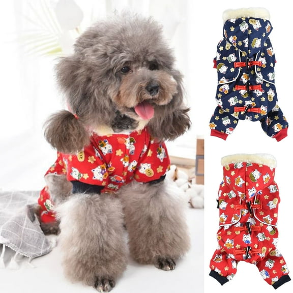 DOPI Pet Bodysuit Cat Pattern Keep Warmth Four-leg Pet Dog Hooded Jumpsuits Outfit for New Year