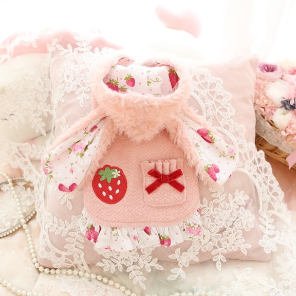 DOPI Pet Coat Plush Rabbit Ear Sweet Strawberry Pattern Skin-friendly Cotton Pink Autumn Winter Dog Cat Clothes for Puppy