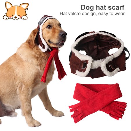 DOPI Pet Hat Scarf Fastener Tape Dress Up Adjustable Pet Puppy Aviator Cap Muffler Kit for Casual