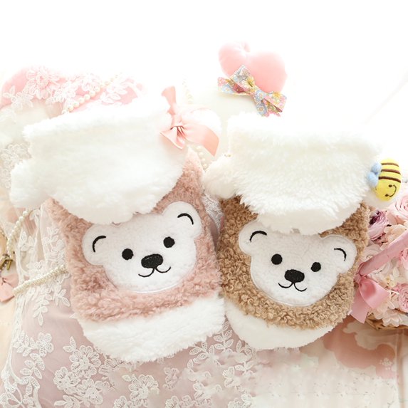 DOPI Pet Jacket Plush Keep Warm Winter Bear Pattern Hooded Double Layer Dog Cotton Coat for Autumn
