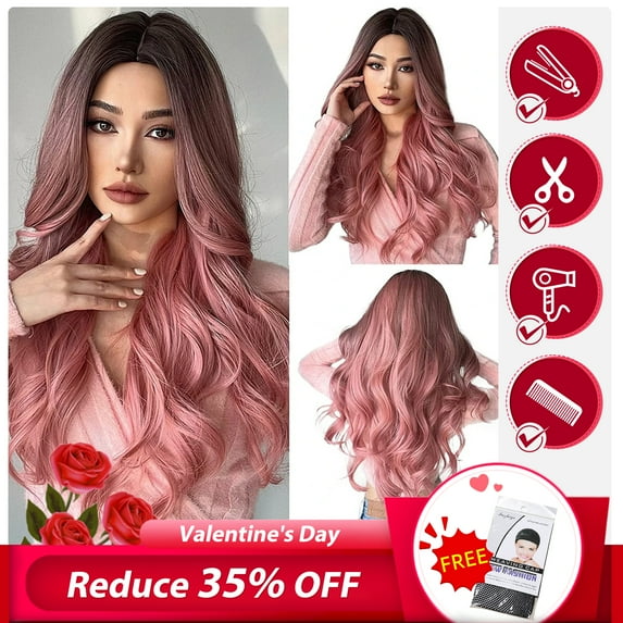 DOPI Pink Wig Pink Wigs for Women Short Natural Lace Hair Long Curly Wavy Synthetic Wig Pink Natural Full Wigs for