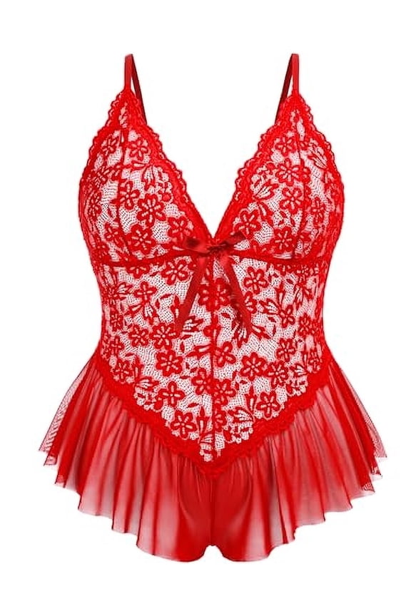 Plus Size Lingerie for Women One Piece Lace Corset Bodysuit Mesh Chemise Sleepwear L-5XL