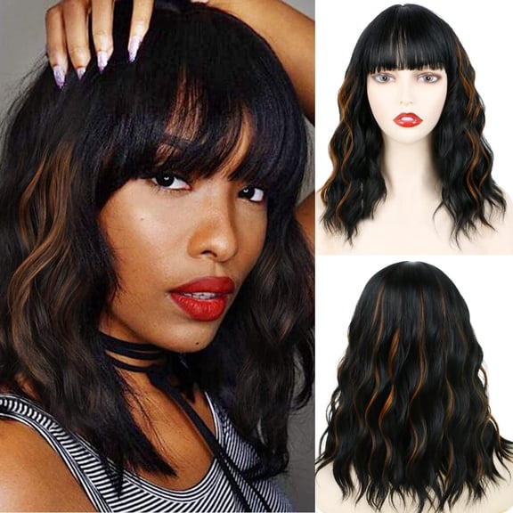 Dopi 14" Brown Wigs for Women Synthetic Curly Short Bob Wig with Bangs Wefed Wig Caps
