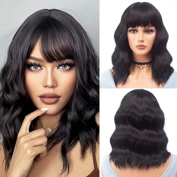 DOPI Nature Black Wig with Bangs Short Black Wavy Wig for Women Shoulder Length Black Wig Synthetic Highlight Wavy Wig Heat Resistant Short Wavy Wigs for Daily Party Use