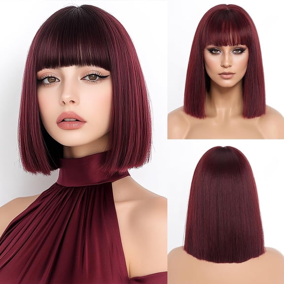 DOPI Short Burgundy Bob Wigs with Bangs 12Inch Short Straight Bob Wine Red Wigs for Women Hair Natural Looking Cosplay Daily Party Shoulder Length Wig High - Quality and Long - Lasting
